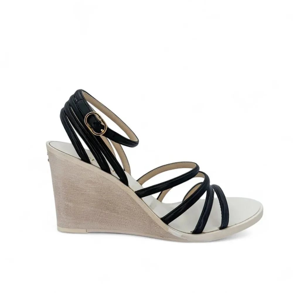 CHANEL Black & Eggshell CC Logo Wedge Heel Sandals IT38.5
